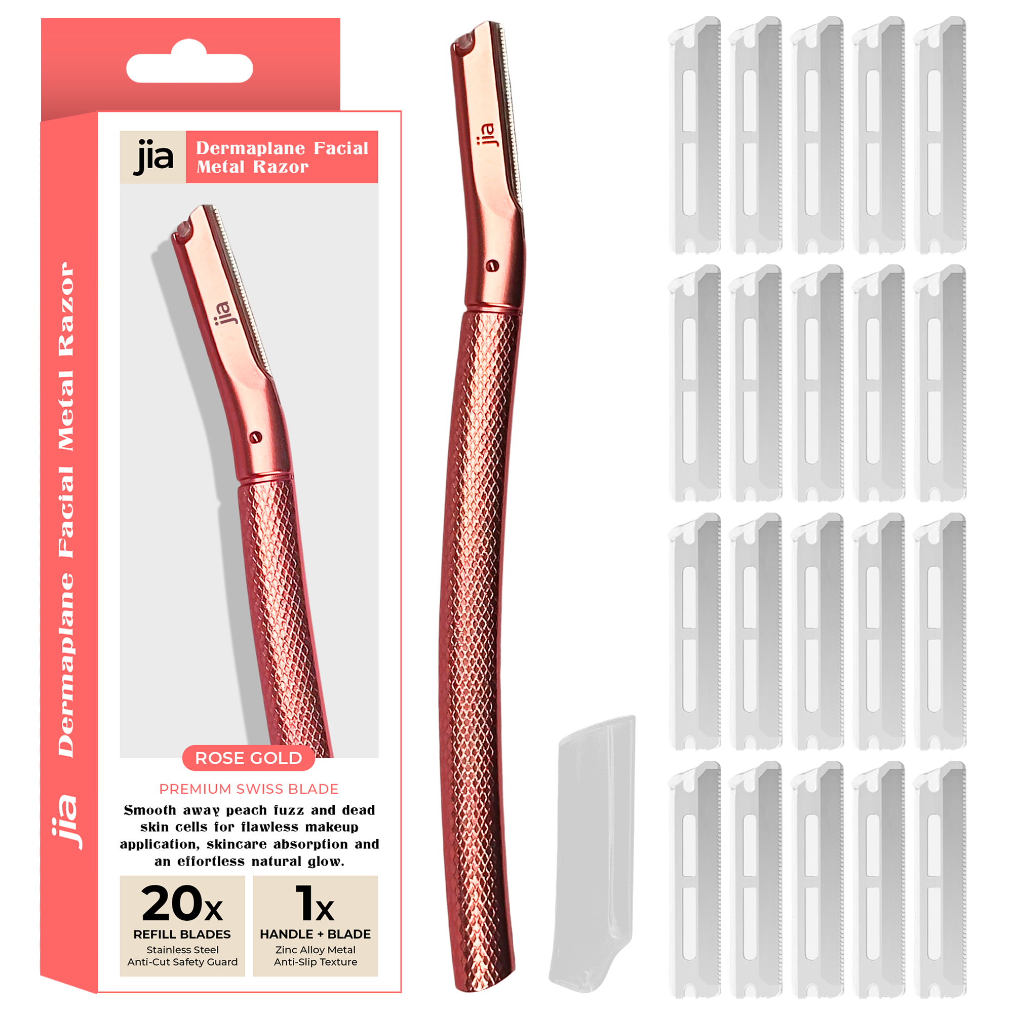 Dermaplaning Facial Metal Razor With 20 Refill Blades in Rose Gold