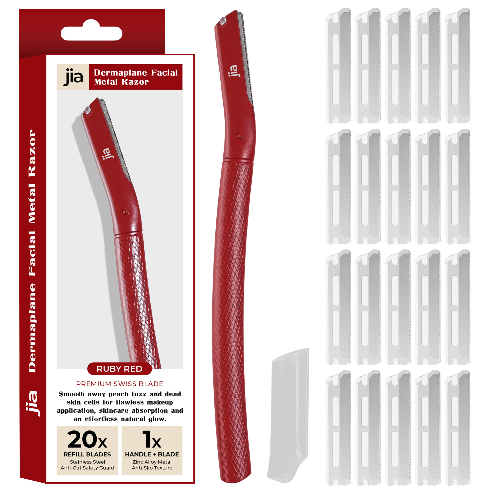 Dermaplaning Facial Metal Razor With 20 Refill Blades in Ruby Red