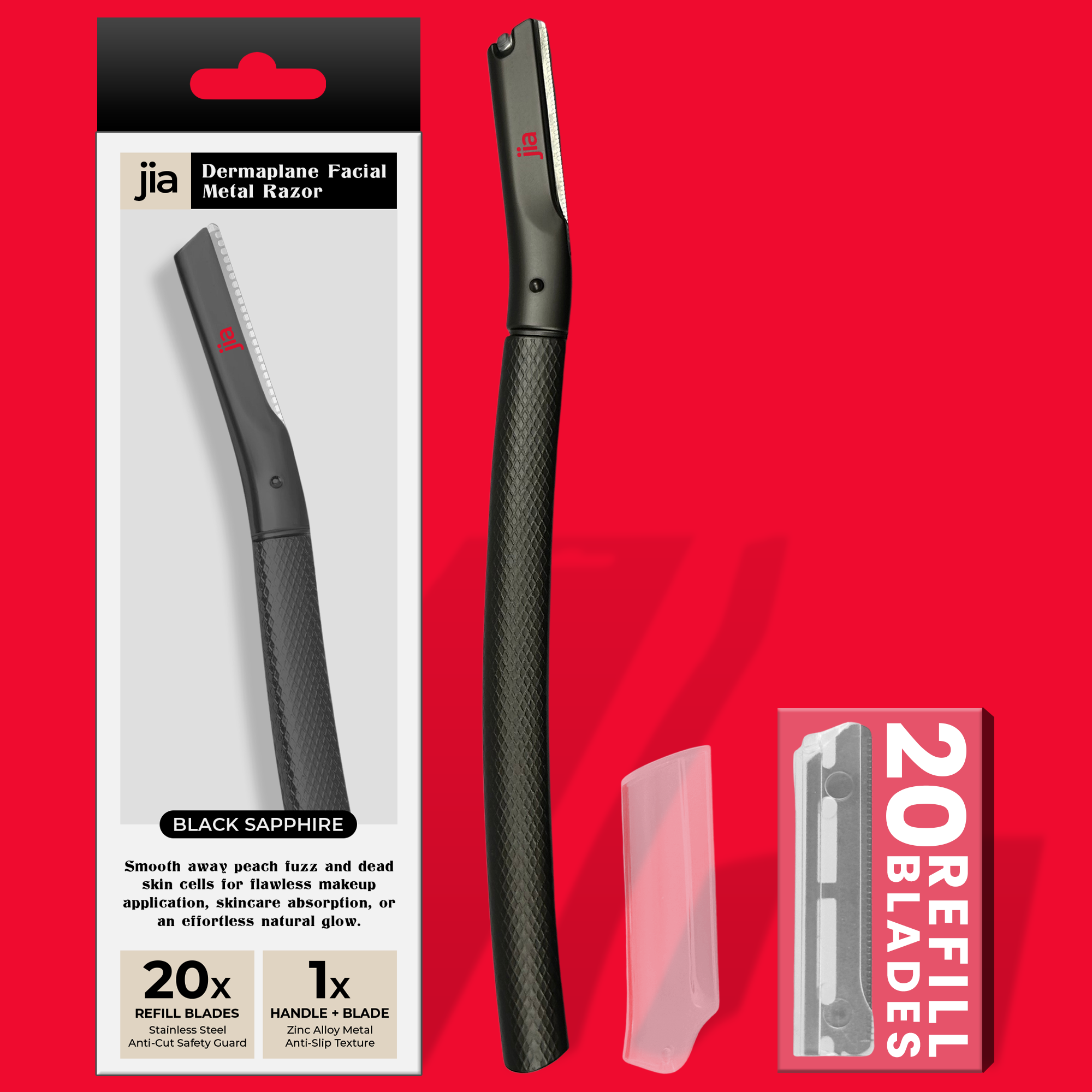 Dermaplaning Facial Metal Razor With 20 Refill Blades in Black Sapphire