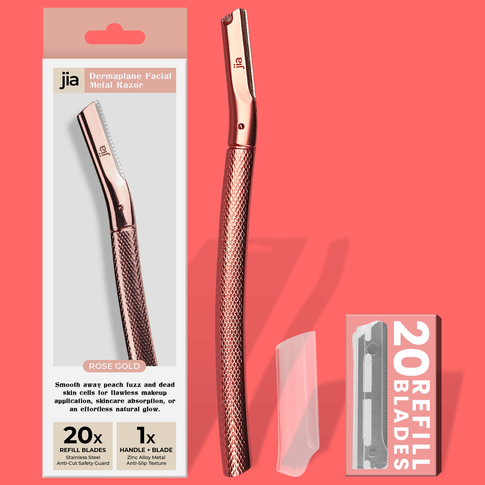 Dermaplaning Facial Metal Razor With 20 Refill Blades in Rose Gold