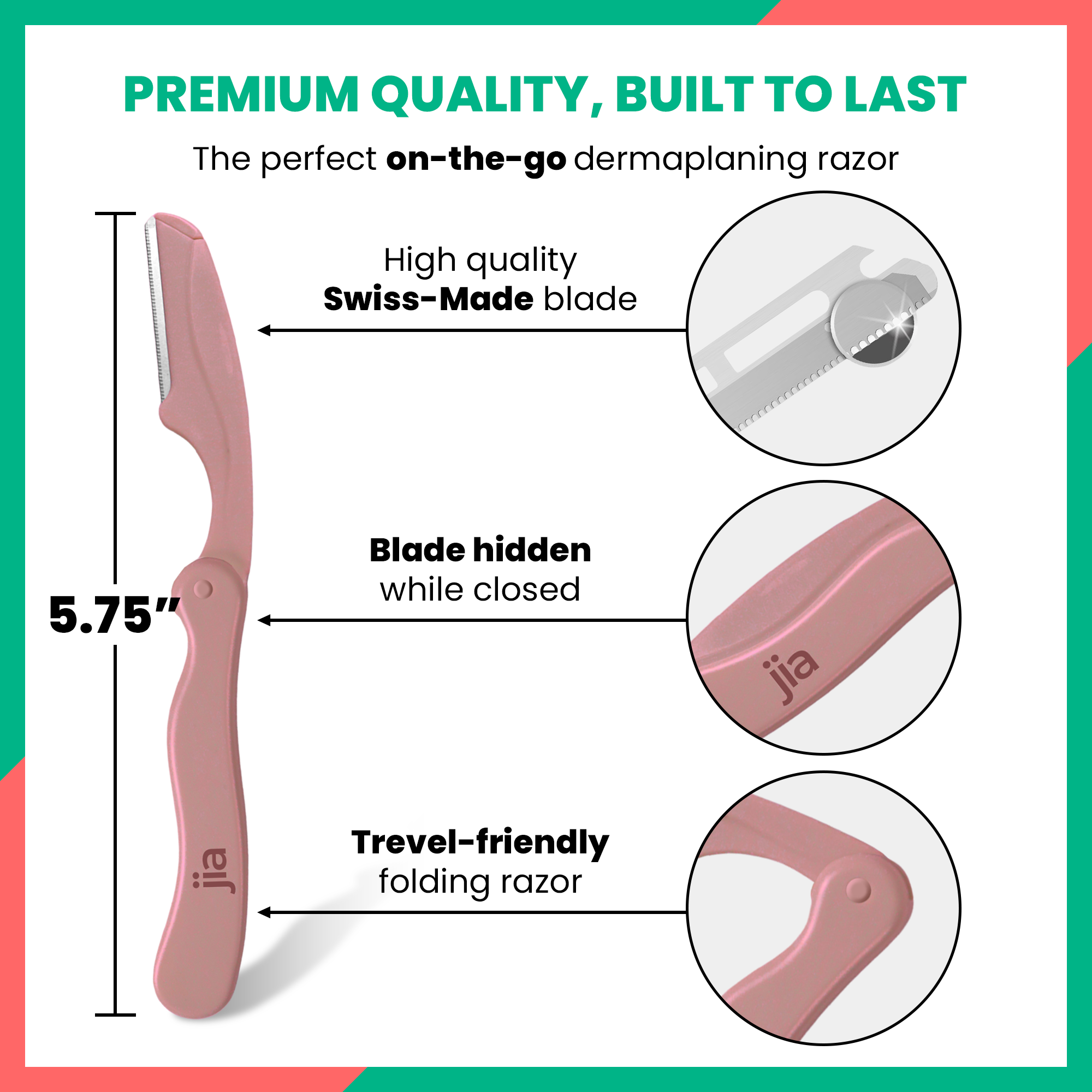 Jia Dermaplaning Facial Folding Razor in Champagne Blush - 3 Pack