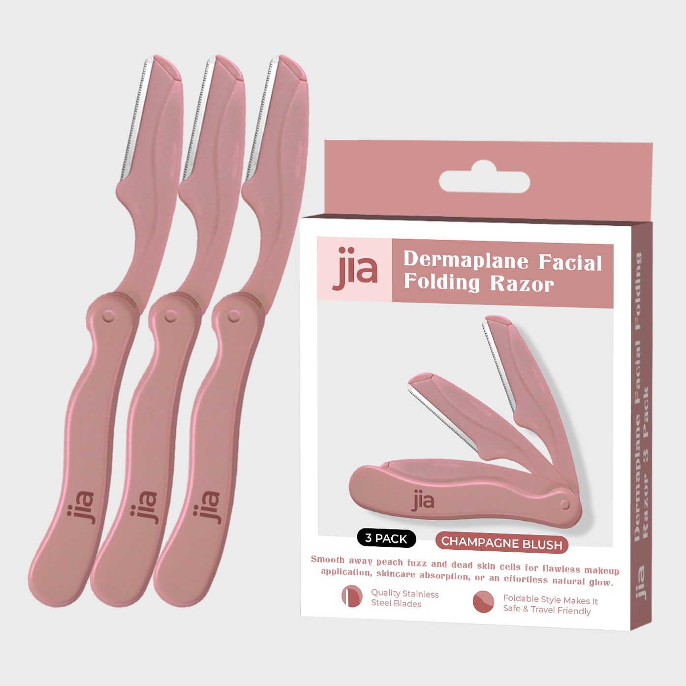 Jia Dermaplaning Facial Folding Razor in Champagne Blush - 3 Pack