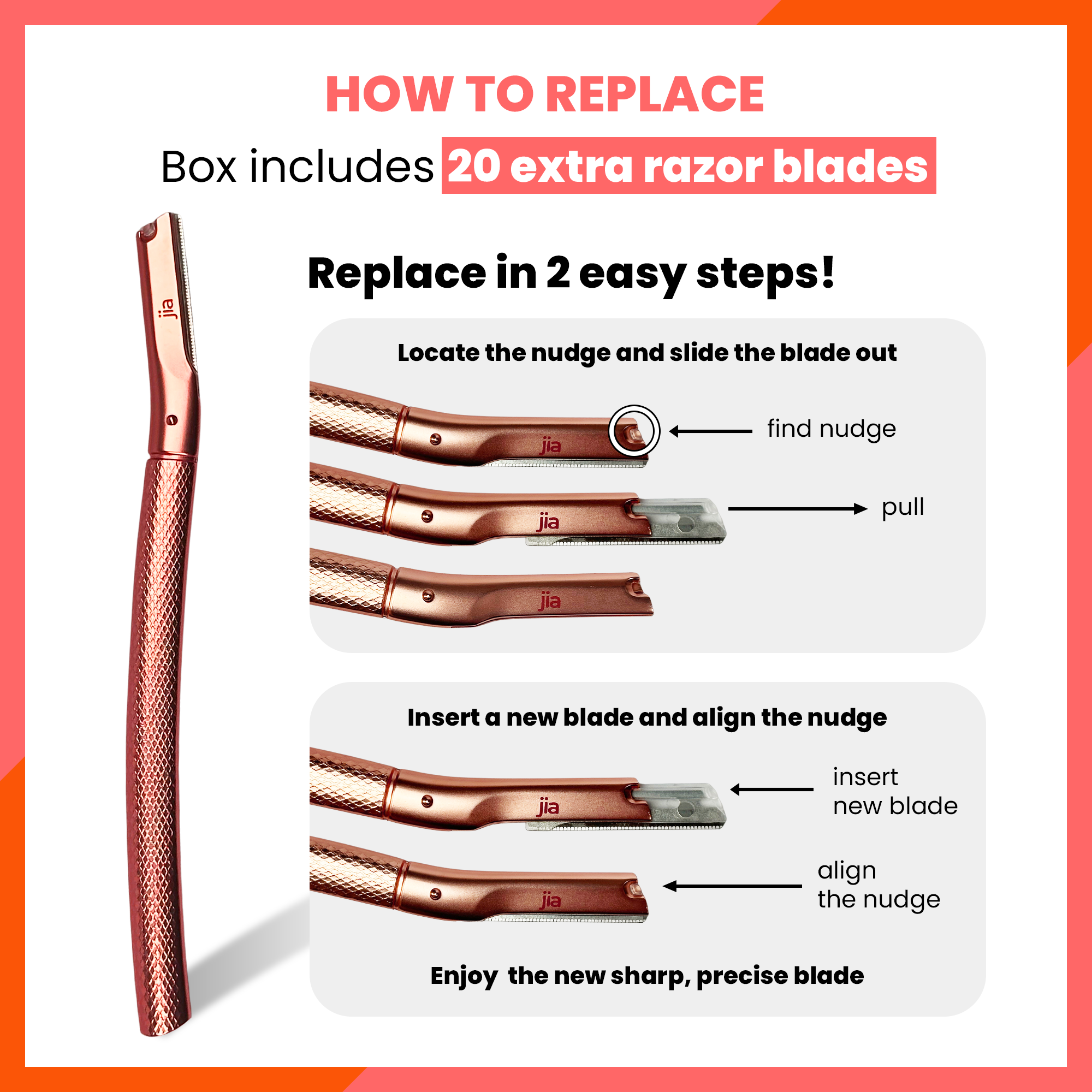 Dermaplaning Facial Metal Razor With 20 Blades in Rose Gold