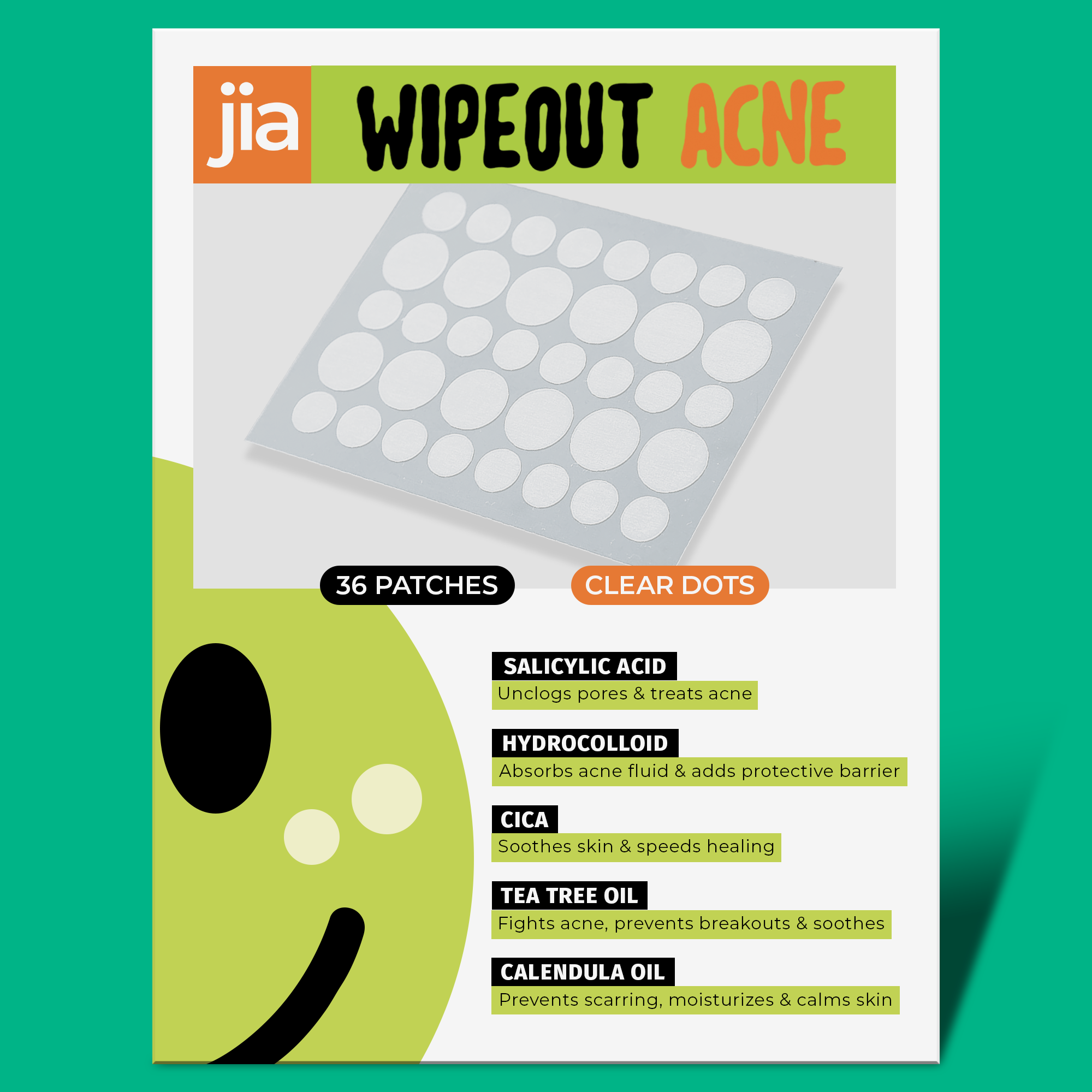 Jia Wipeout Acne Pimple Patches | Hydrocolloid, Salicylic Acid, Cica, Tea Tree Oil, Calendula Oil