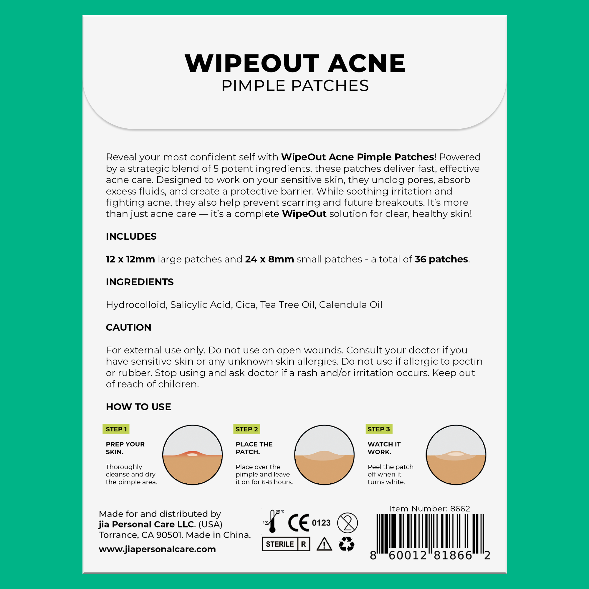 Jia Wipeout Acne Pimple Patches | Hydrocolloid, Salicylic Acid, Cica, Tea Tree Oil, Calendula Oil