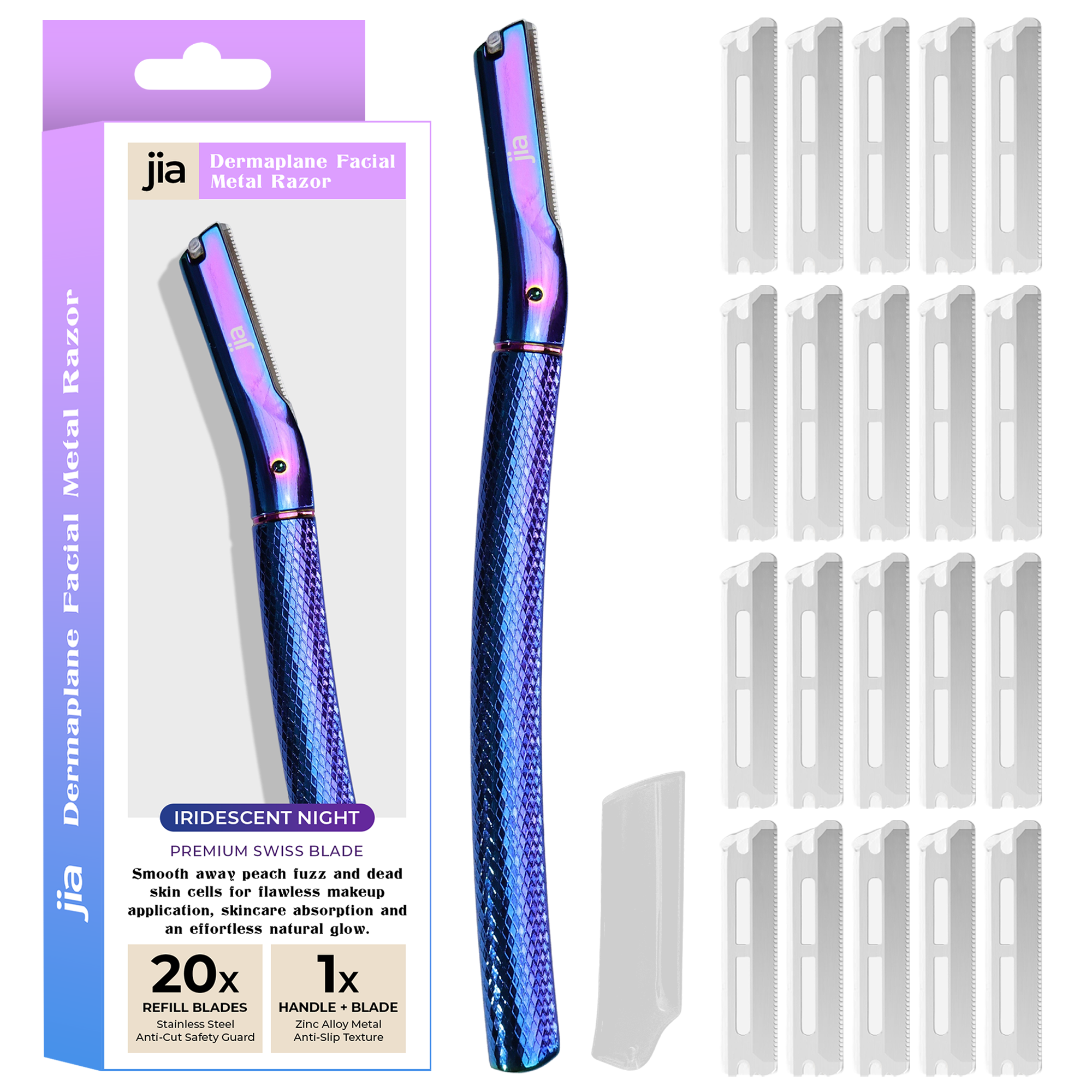 Dermaplaning Facial Metal Razor With 20 Refill Blades in Iridescent Night