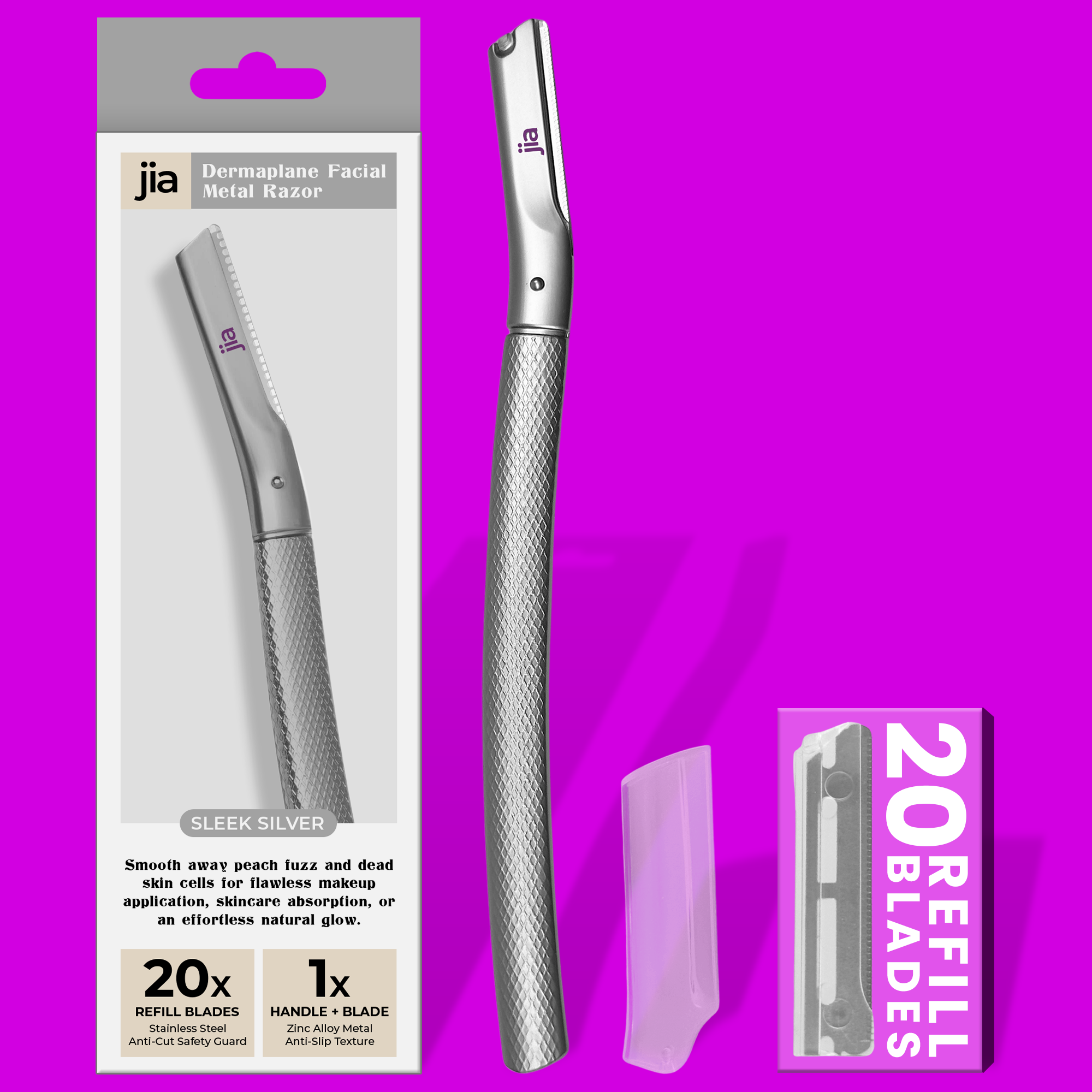 Dermaplaning Facial Metal Razor With 20 Refill Blades in Sleek Silver