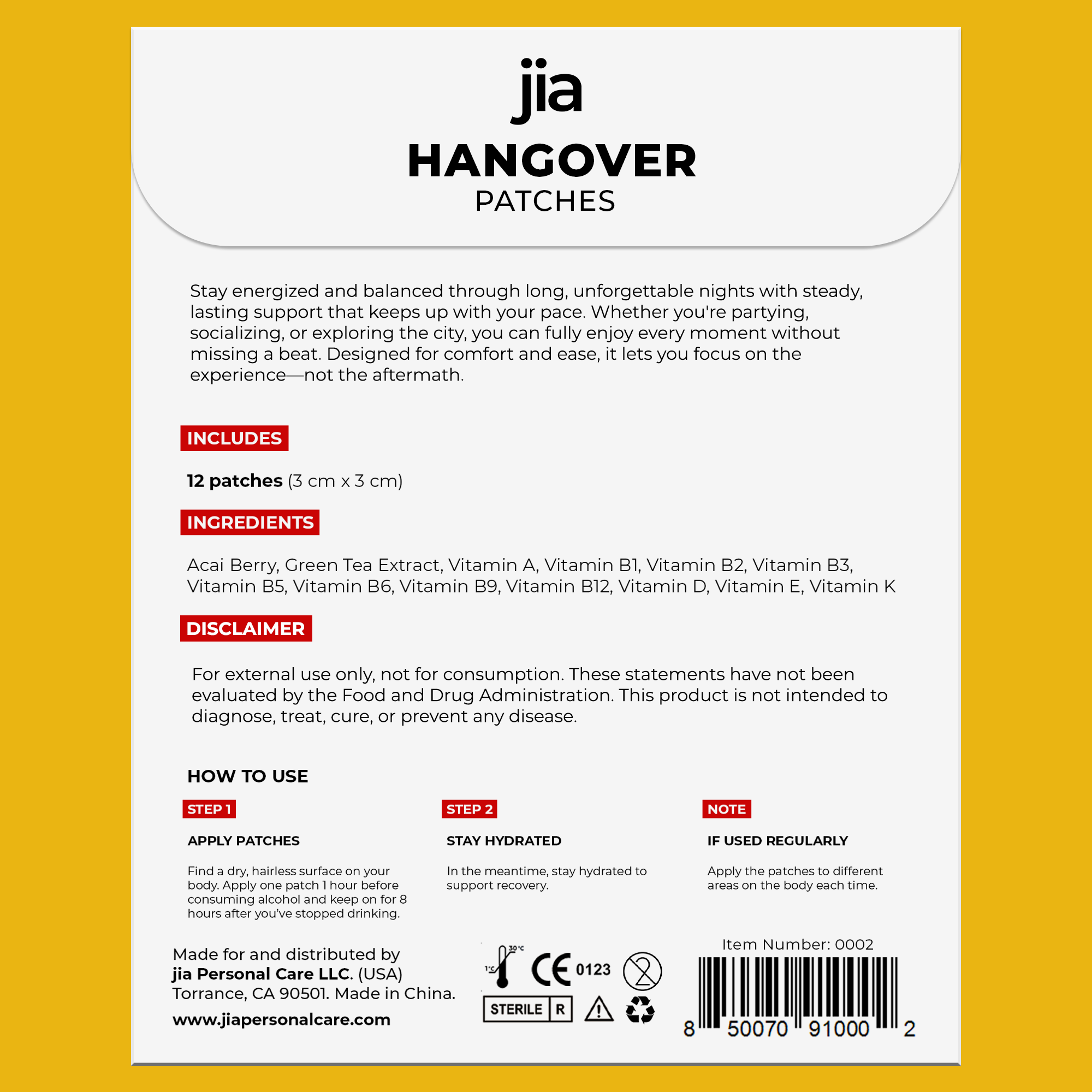 Jia Hangover Patch | Party Recovery, Energy Boost Clear Patches