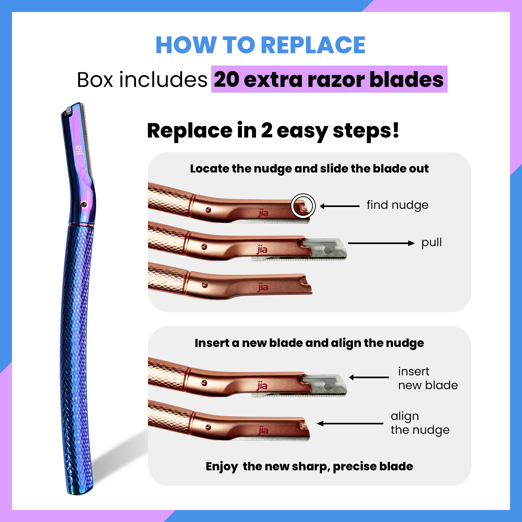 Dermaplaning Facial Metal Razor With 20 Refill Blades in Iridescent Night